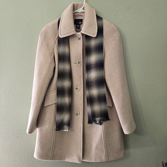 East 5th Beige Wool Lama Long Coat with‎ Matching Plaid Scarf Button Down Medium - Picture 1 of 10